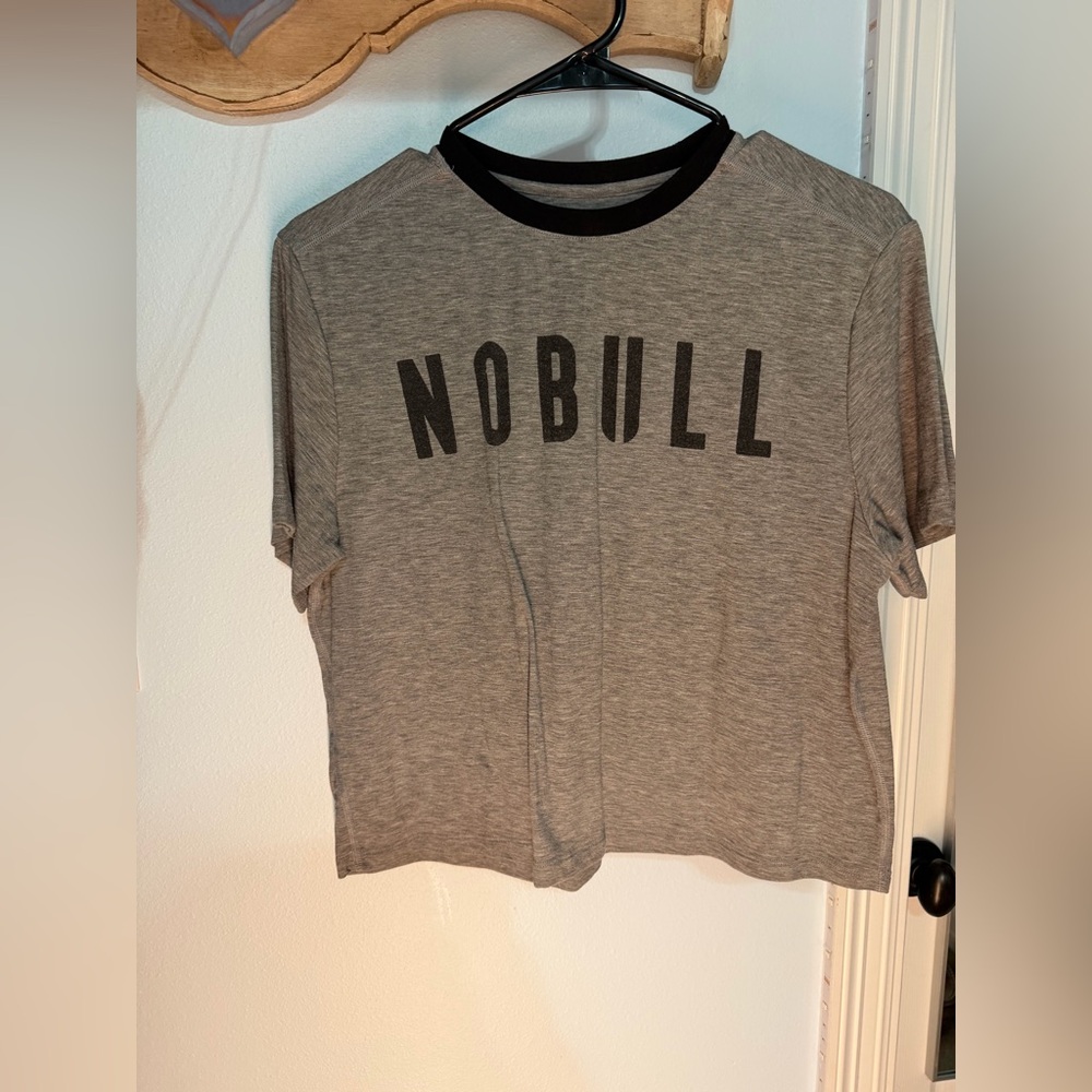 NOBULL Heather Gray Cropped Tee with Black Print